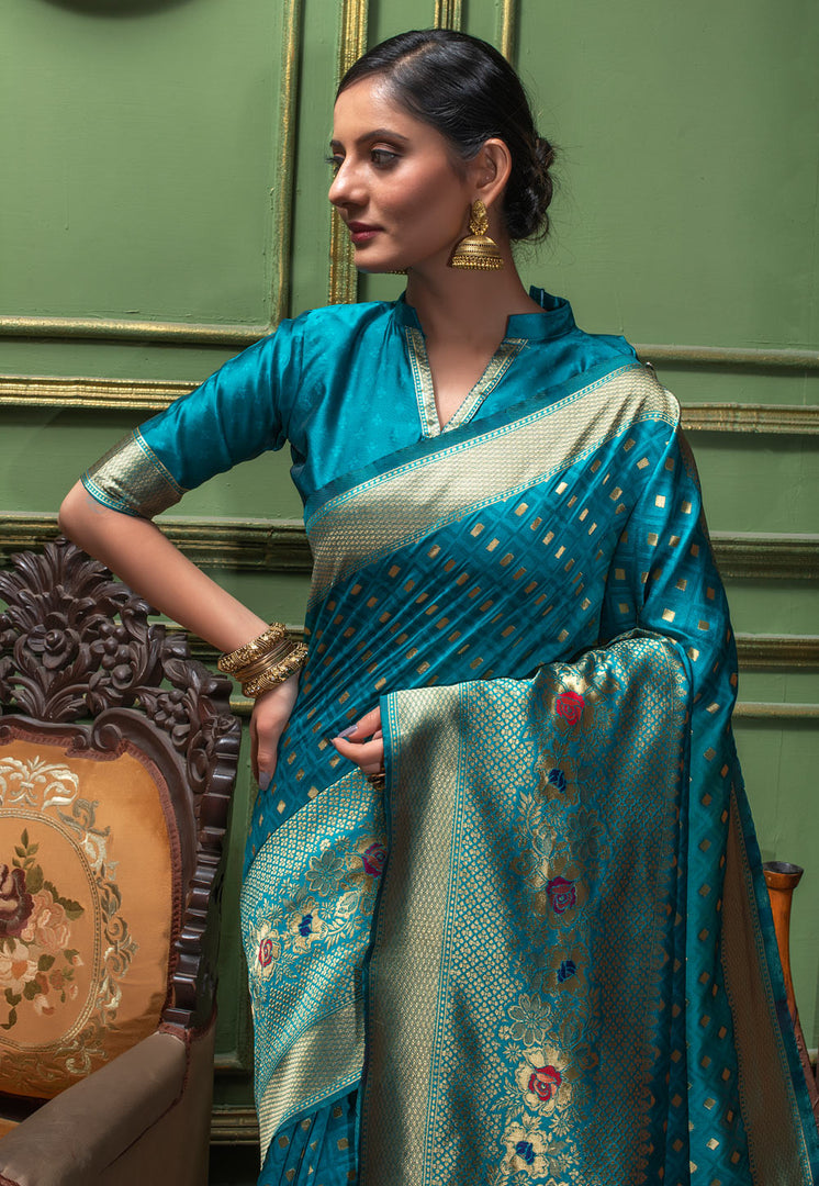 Blue Banarasi Silk Saree With Blouse