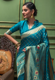 Blue Banarasi Silk Saree With Blouse