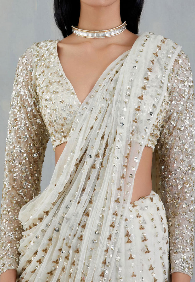 Off White Soft Net Sequence Saree