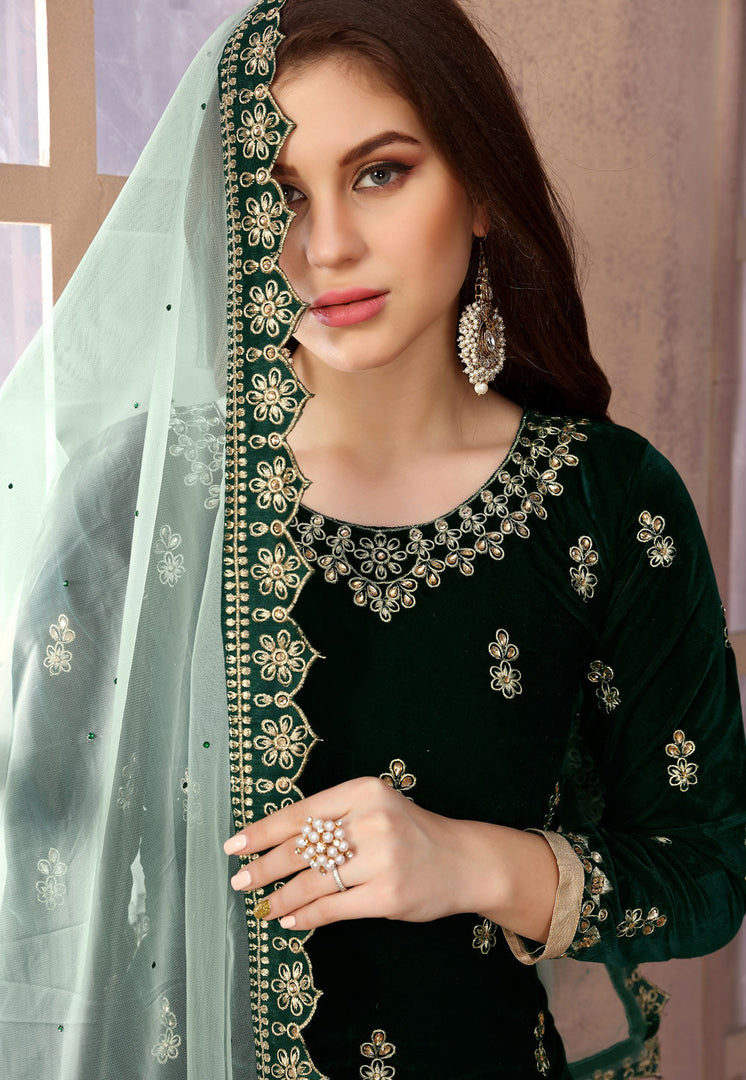 Green Velvet Embroidered Patiala Suit