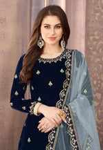 Load image into Gallery viewer, Navy Blue Velvet Embroidered Punjabi Suit
