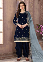 Load image into Gallery viewer, Navy Blue Velvet Embroidered Punjabi Suit
