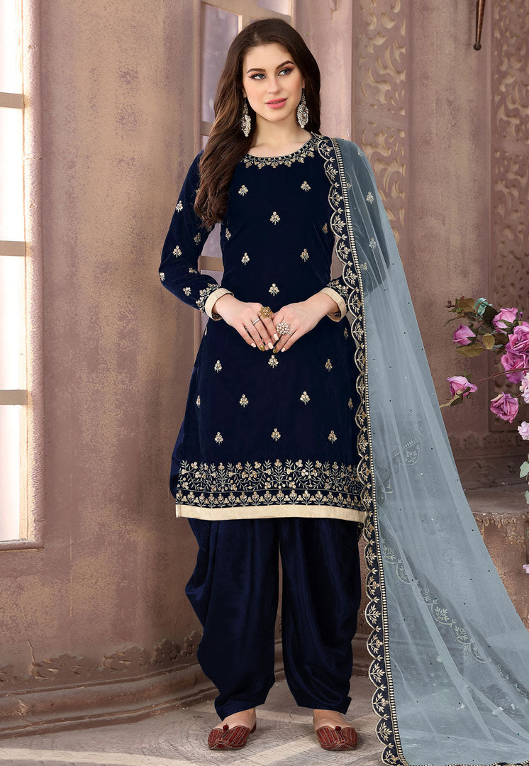 Navy Blue Velvet Embroidered Punjabi Suit