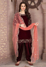 Load image into Gallery viewer, Maroon Velvet Embroidered Patiala Suit
