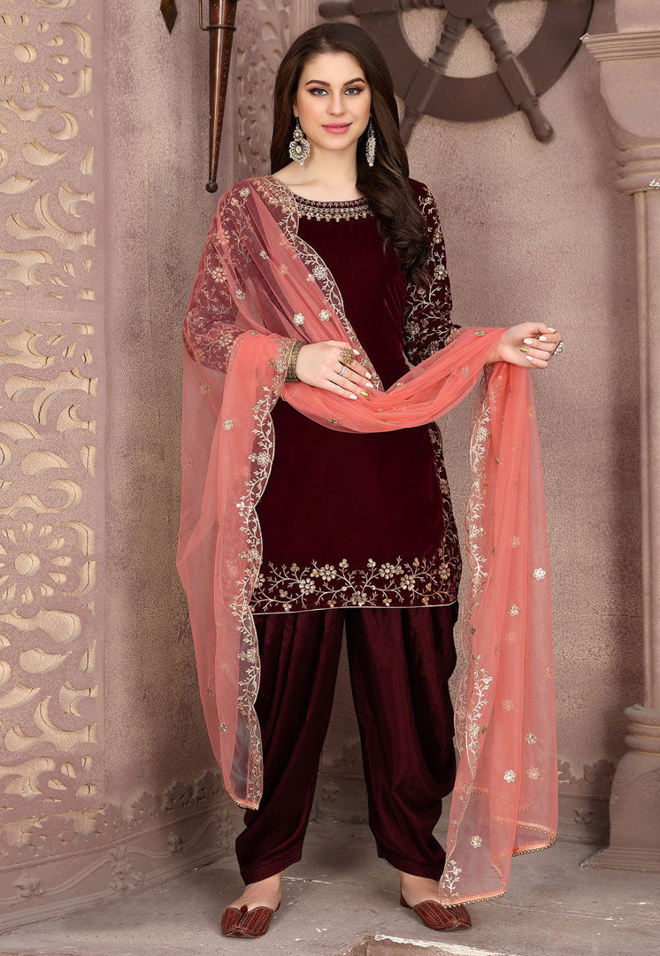 Maroon Velvet Embroidered Patiala Suit