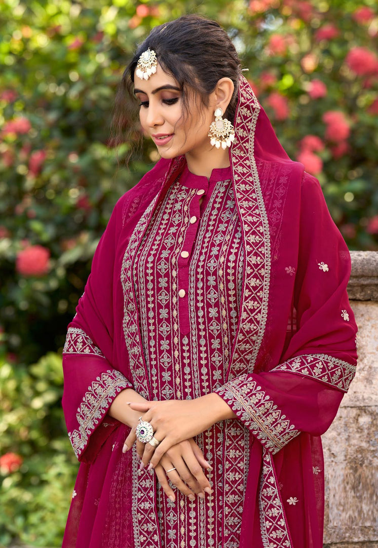 Magenta Silk Embroidered Pakistani Suit