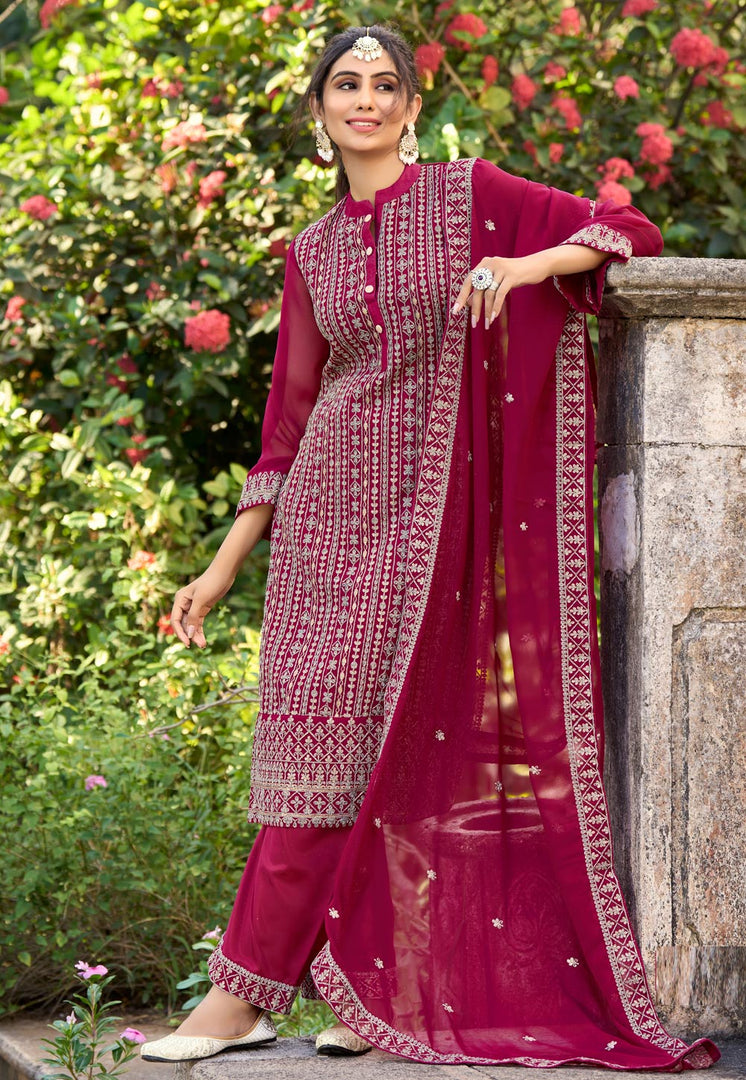 Magenta Silk Embroidered Pakistani Suit