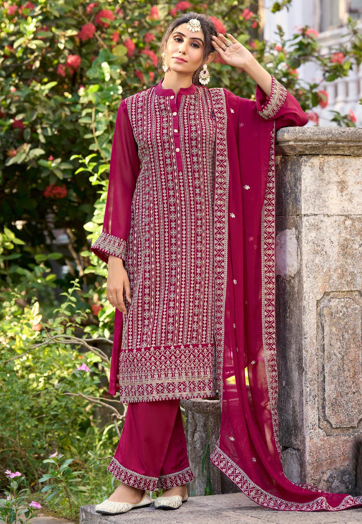 Magenta Silk Embroidered Pakistani Suit