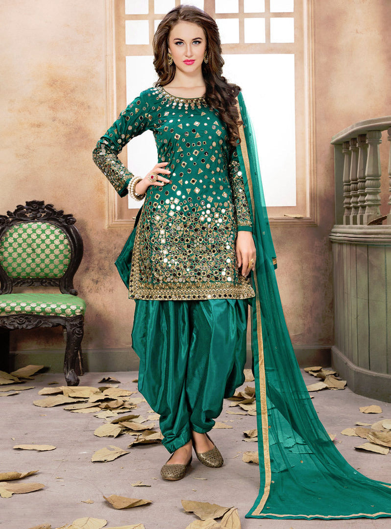 Teal Taffeta Silk Patiala Suit