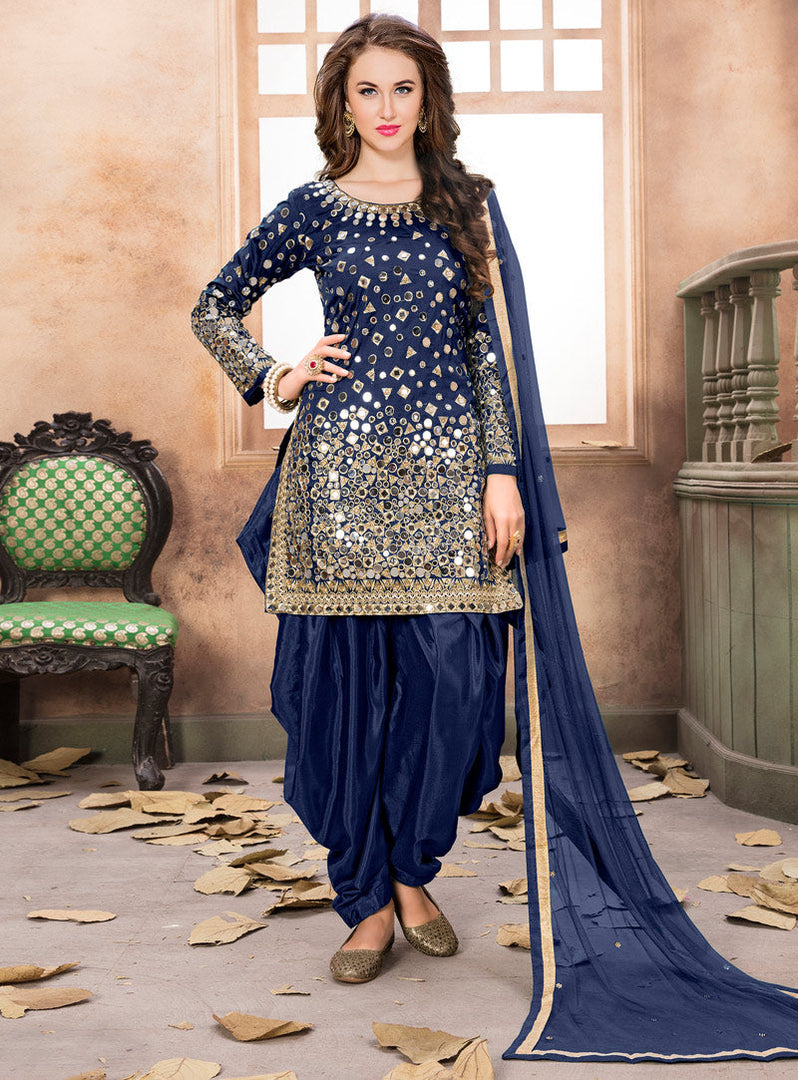 Navy Blue Taffeta Silk Punjabi Suit