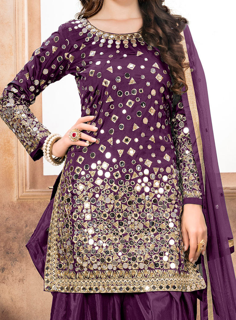 Purple Taffeta Silk Patiala Suit