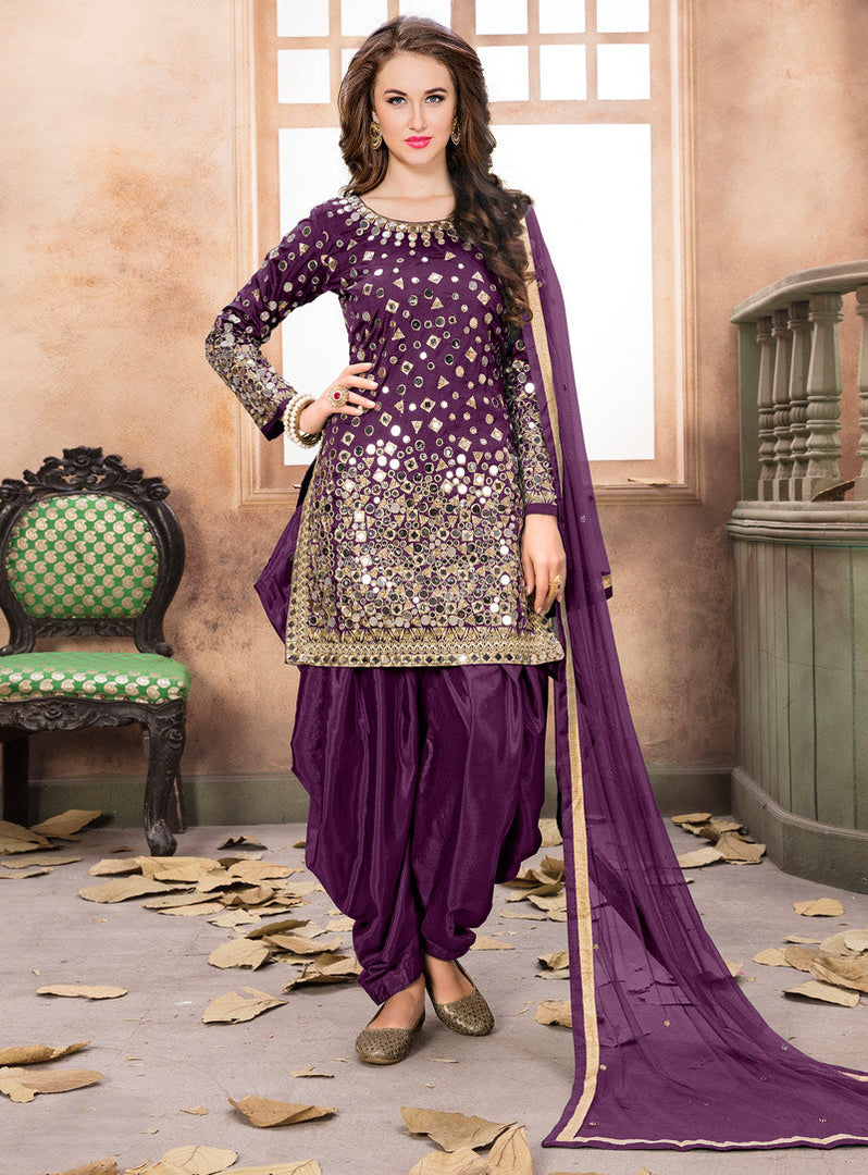 Purple Taffeta Silk Patiala Suit