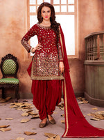 Load image into Gallery viewer, Red Taffeta Silk Patiala Suit
