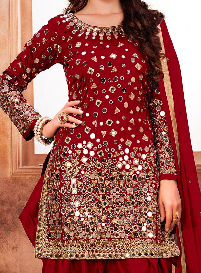 Red Taffeta Silk Patiala Suit