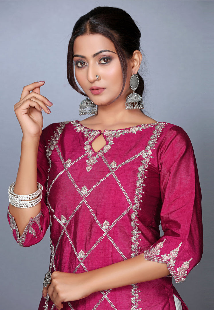 Magenta Raw Silk Pakistani Salwar Kameez