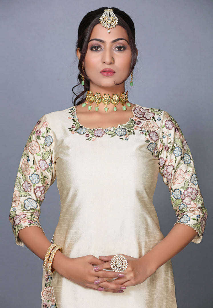 Cream Raw Silk Pakistani Sharara Suit