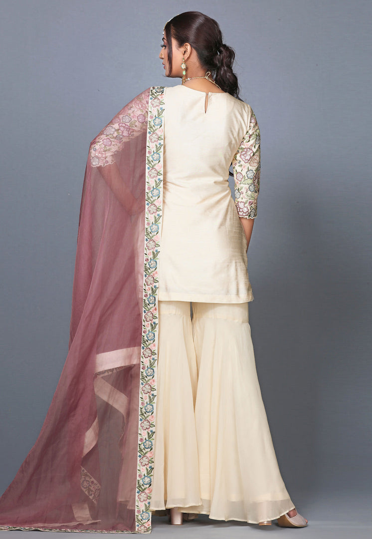 Cream Raw Silk Pakistani Sharara Suit