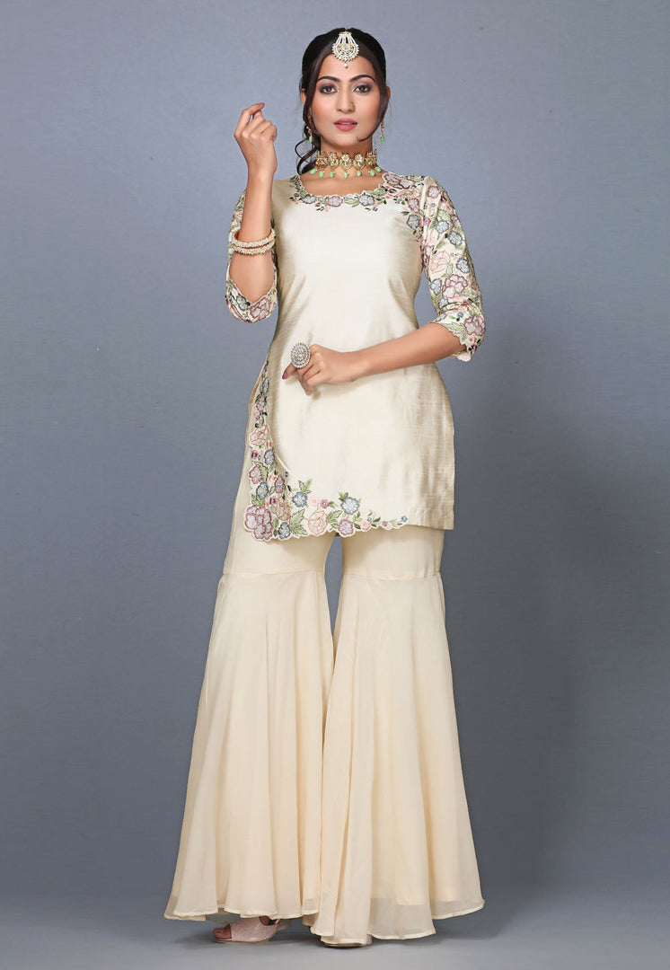 Cream Raw Silk Pakistani Sharara Suit