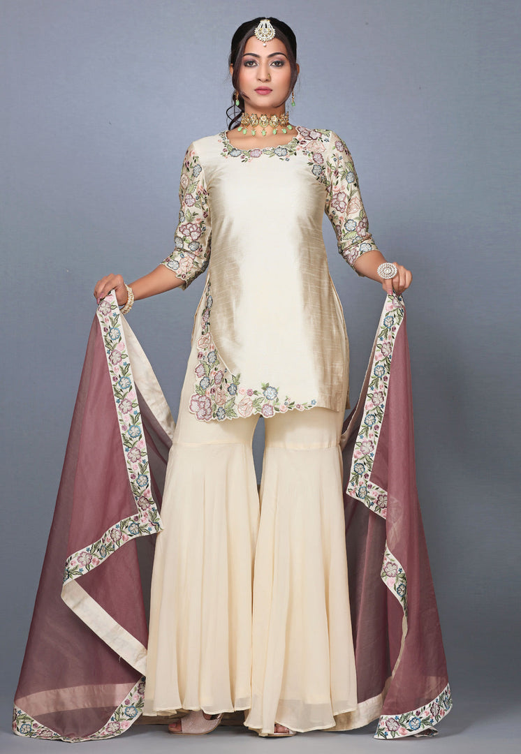 Cream Raw Silk Pakistani Sharara Suit
