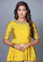 Load image into Gallery viewer, Yellow Raw Silk Peplum Salwar Kameez
