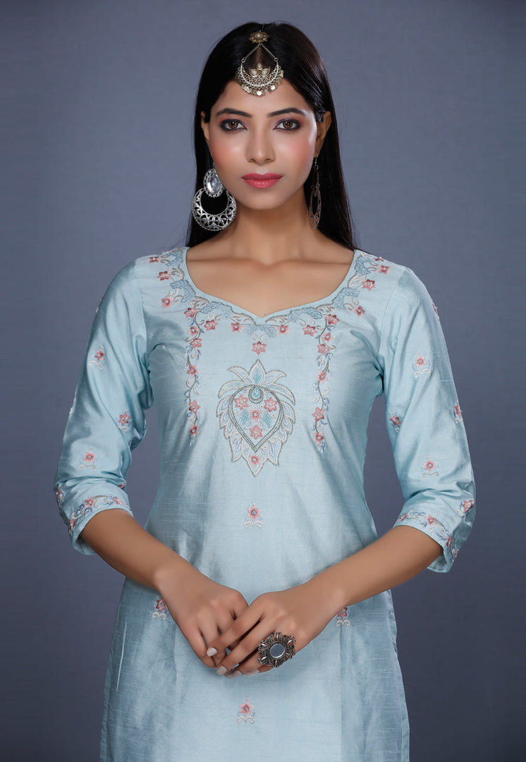 Sky Blue Raw Silk Pakistani Salwar Kameez