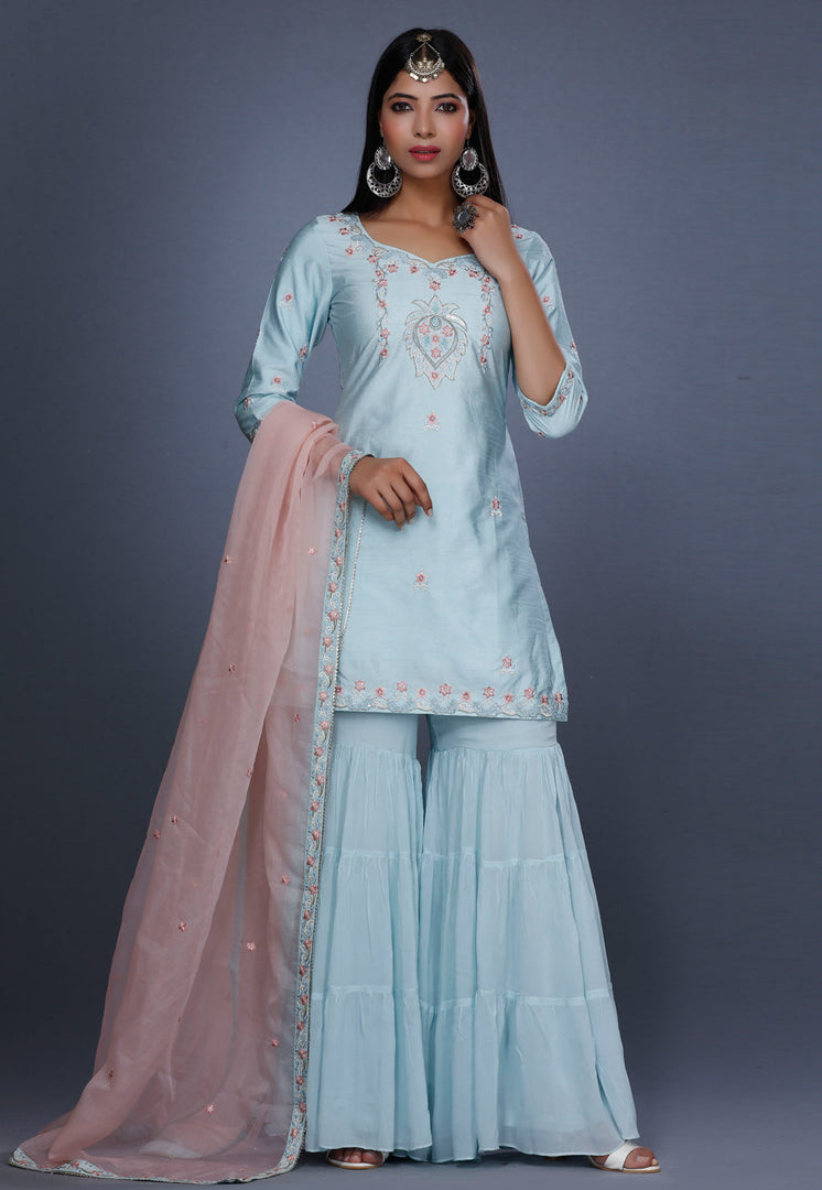 Sky Blue Raw Silk Pakistani Salwar Kameez