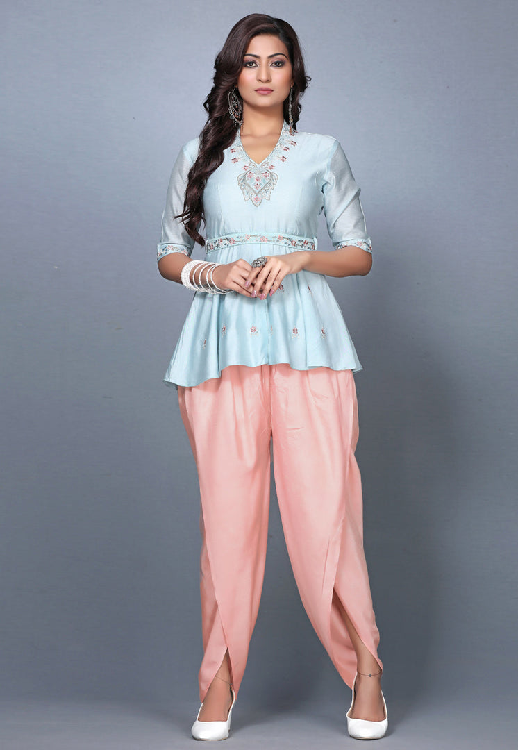 Sky Blue Chanderi Womens Peplum Suit
