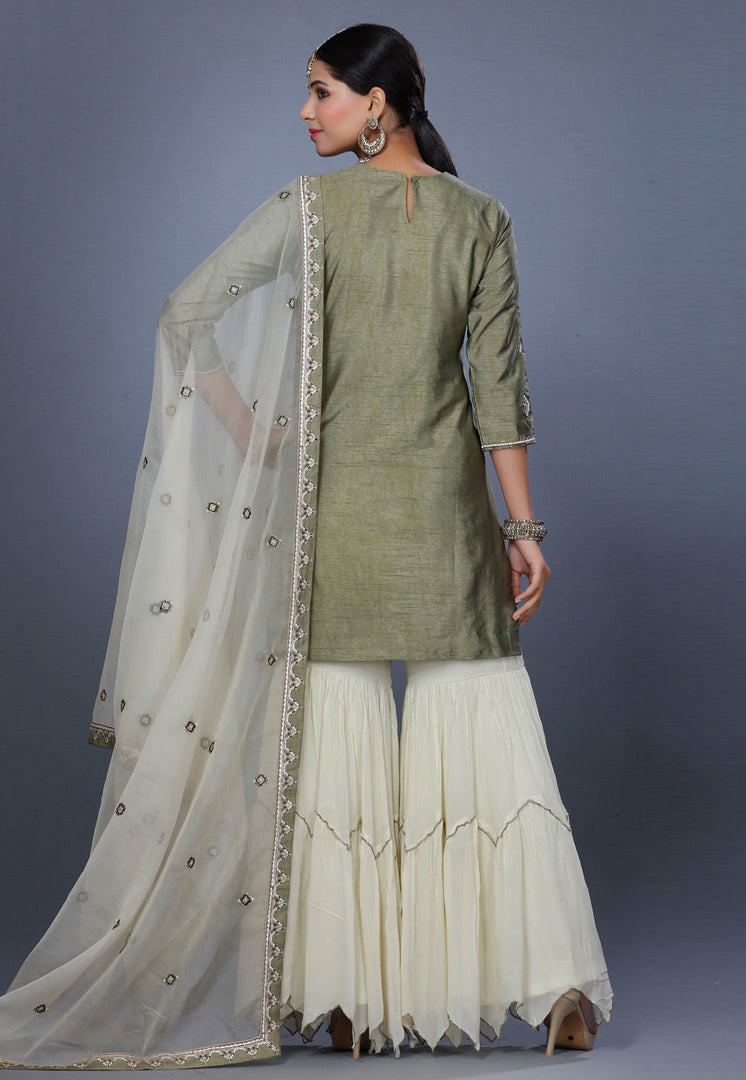 Camo Green Raw Silk Sharara Suit