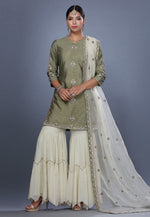 Load image into Gallery viewer, Camo Green Raw Silk Sharara Suit
