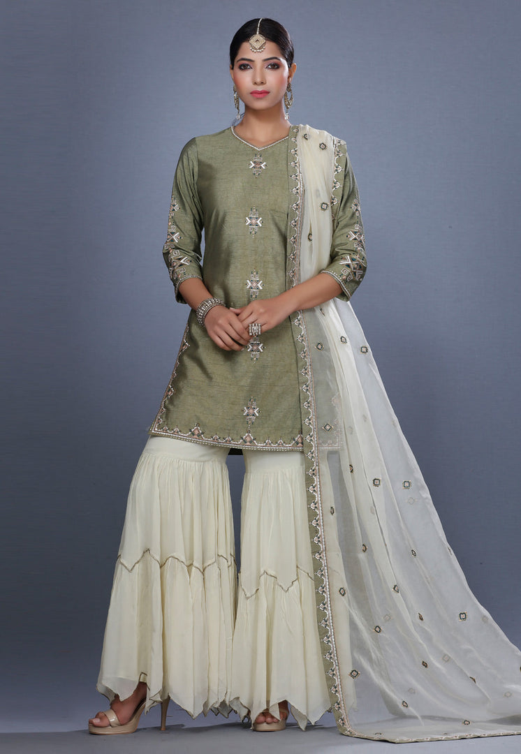 Camo Green Raw Silk Sharara Suit
