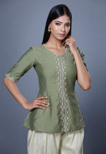 Load image into Gallery viewer, Mehndi Chanderi Peplum Suit For Ladies

