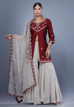 Load image into Gallery viewer, Maroon Raw Silk Pakistani Sharara Suit
