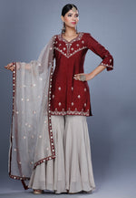 Load image into Gallery viewer, Maroon Raw Silk Pakistani Sharara Suit
