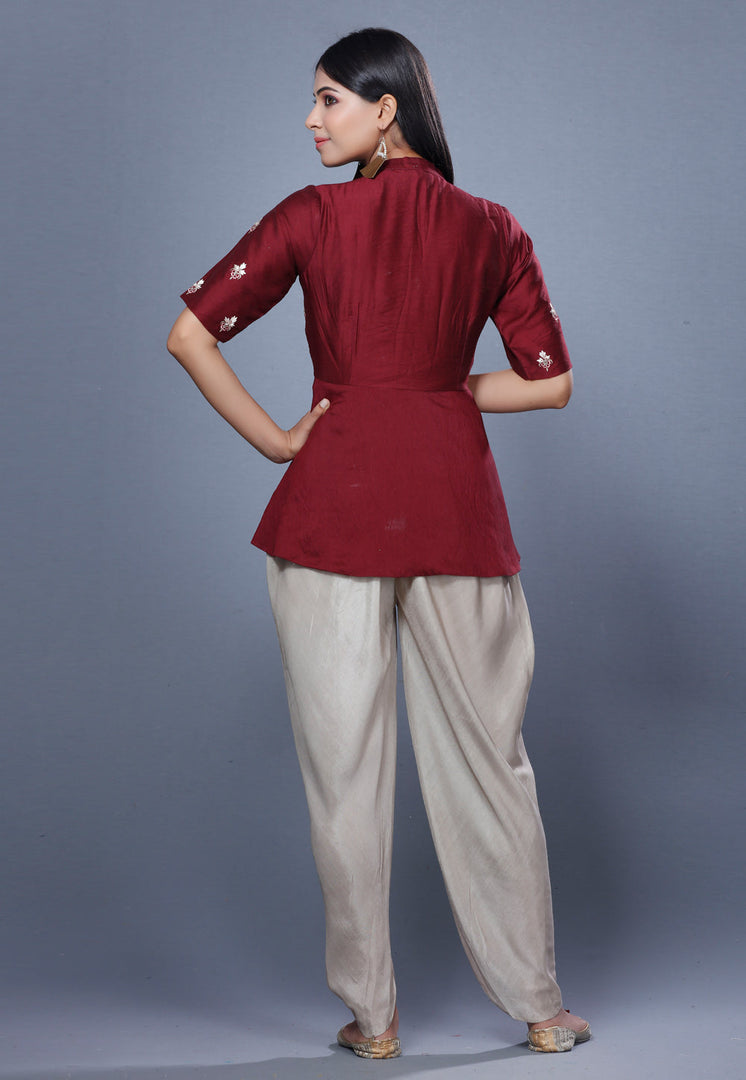 Maroon Chanderi Peplum Suit