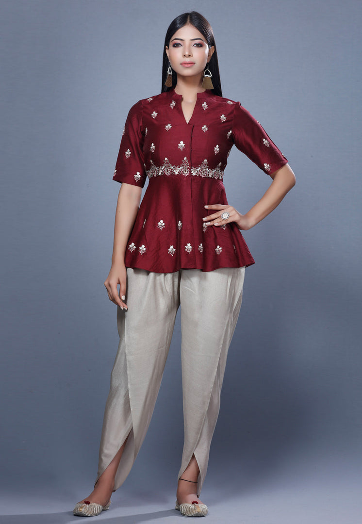 Maroon Chanderi Peplum Suit