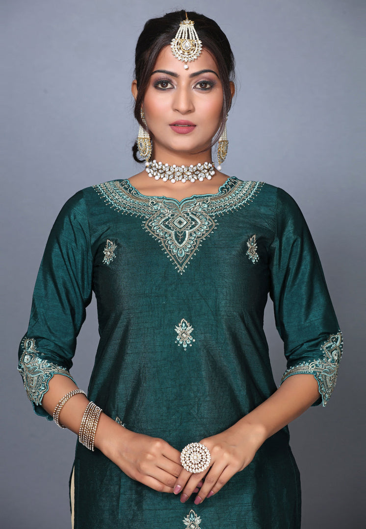 Green Raw Silk Pakistani Suit