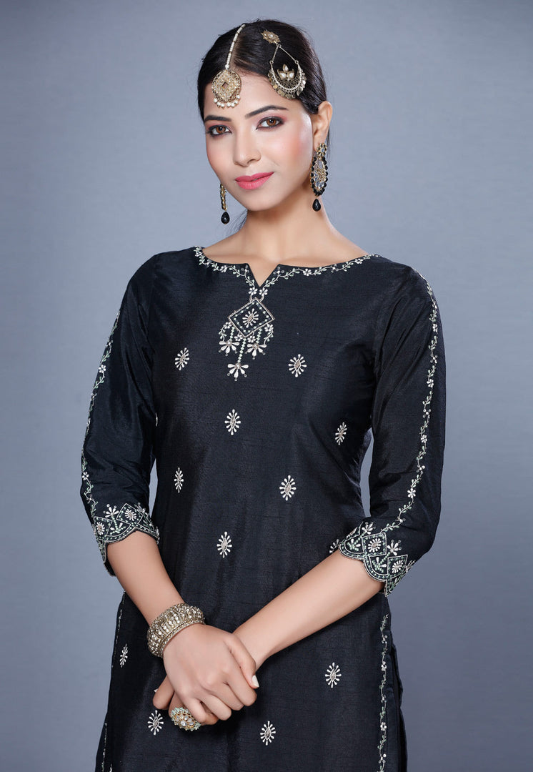 Black Raw Silk Pakistani Salwar Kameez