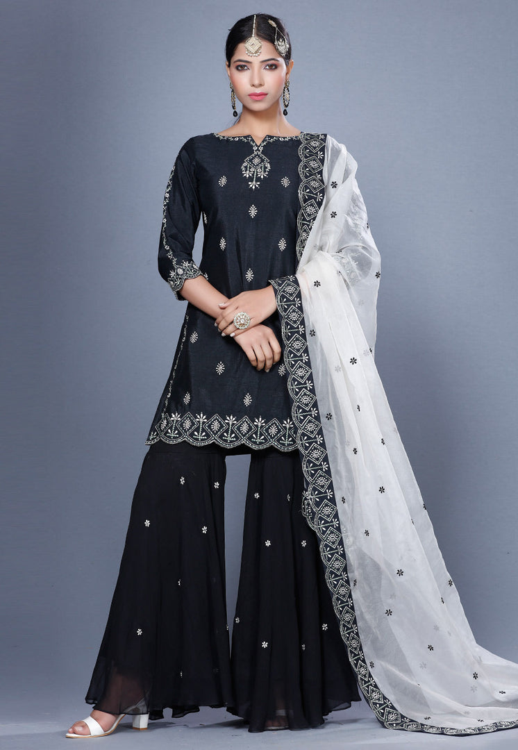 Black Raw Silk Pakistani Salwar Kameez