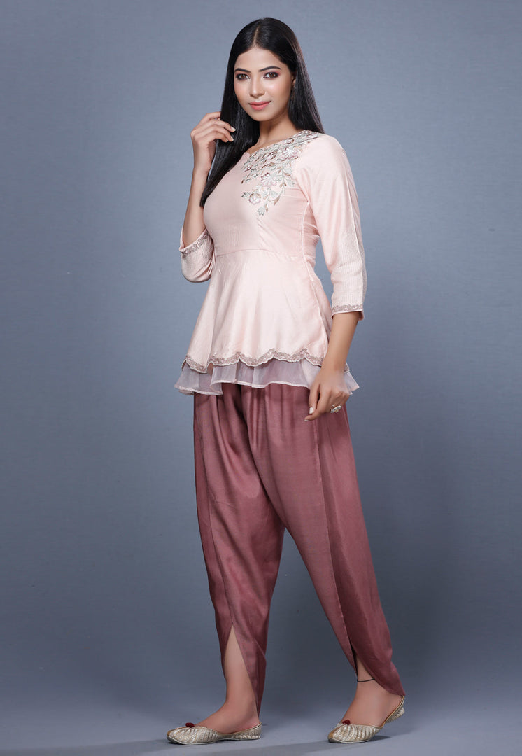 Light Pink Chanderi Peplum Suit For Ladies