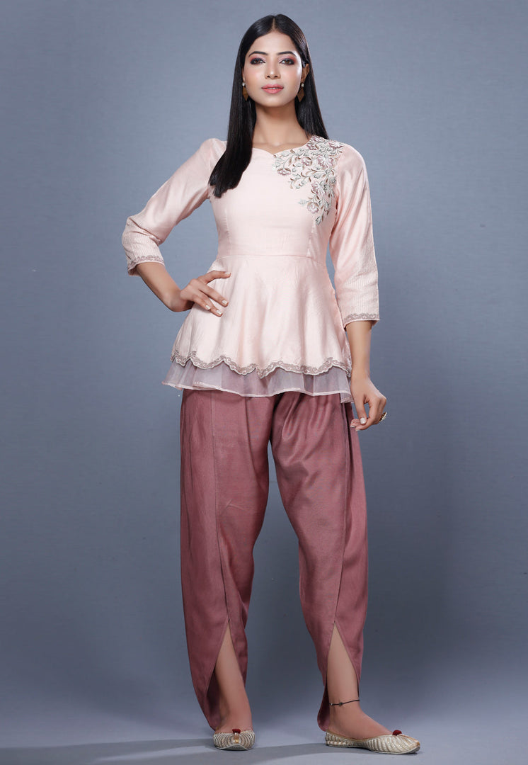 Light Pink Chanderi Peplum Suit For Ladies
