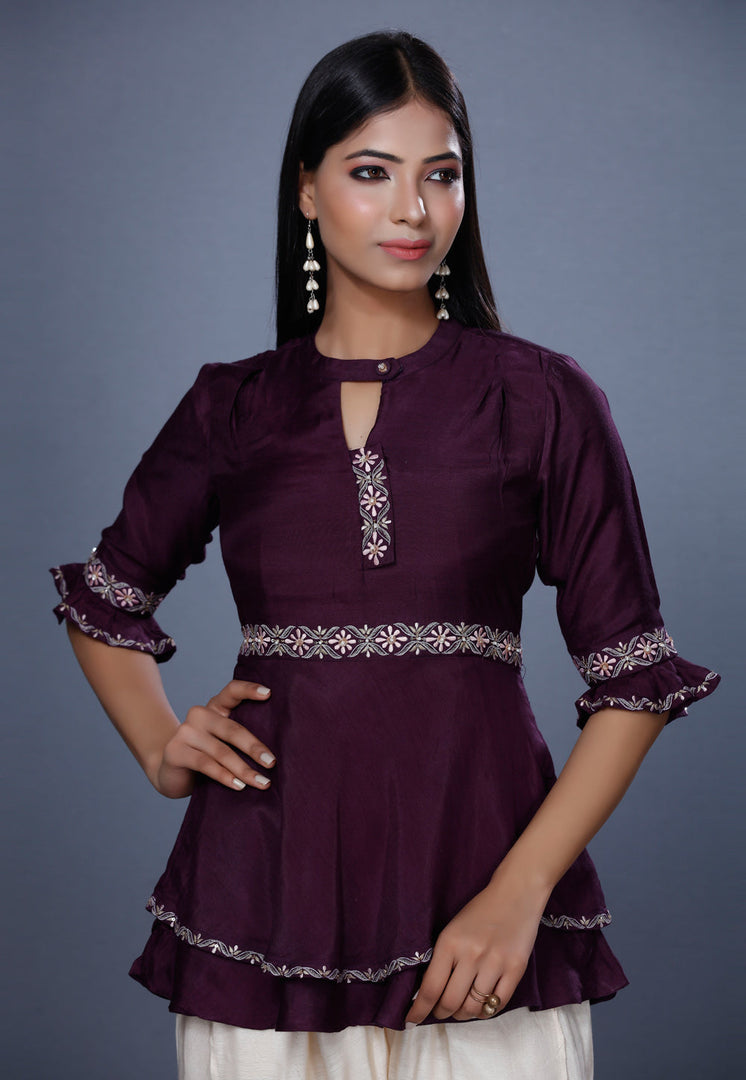 Wine Muslin Peplum Suit