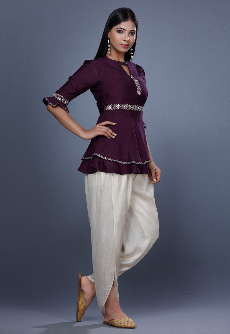 Wine Muslin Peplum Suit