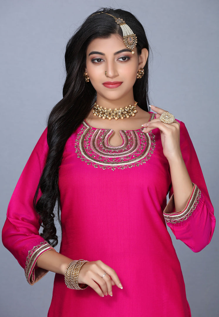 Magenta Art Silk Handwork Punjabi Suit
