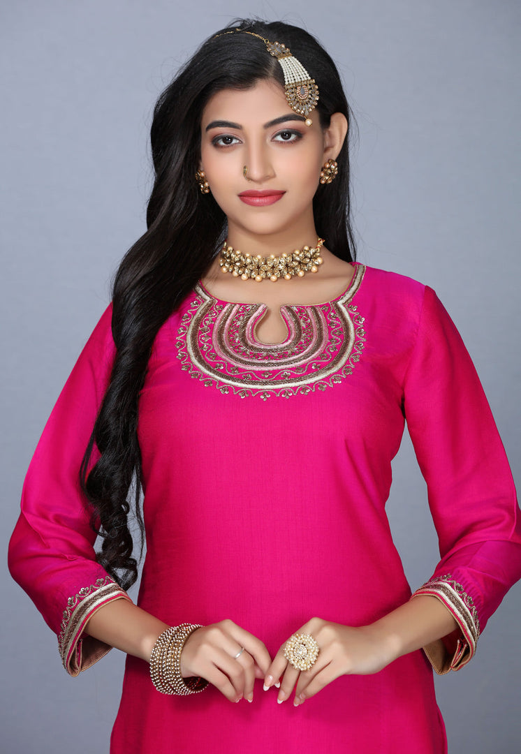 Magenta Art Silk Handwork Punjabi Suit