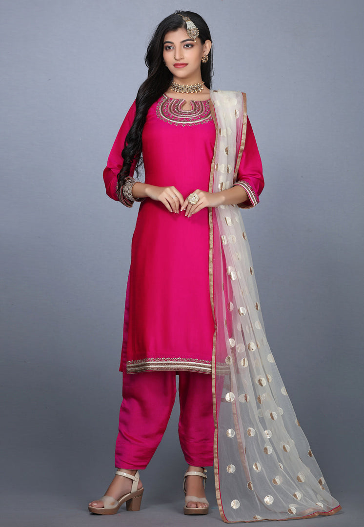 Magenta Art Silk Handwork Punjabi Suit