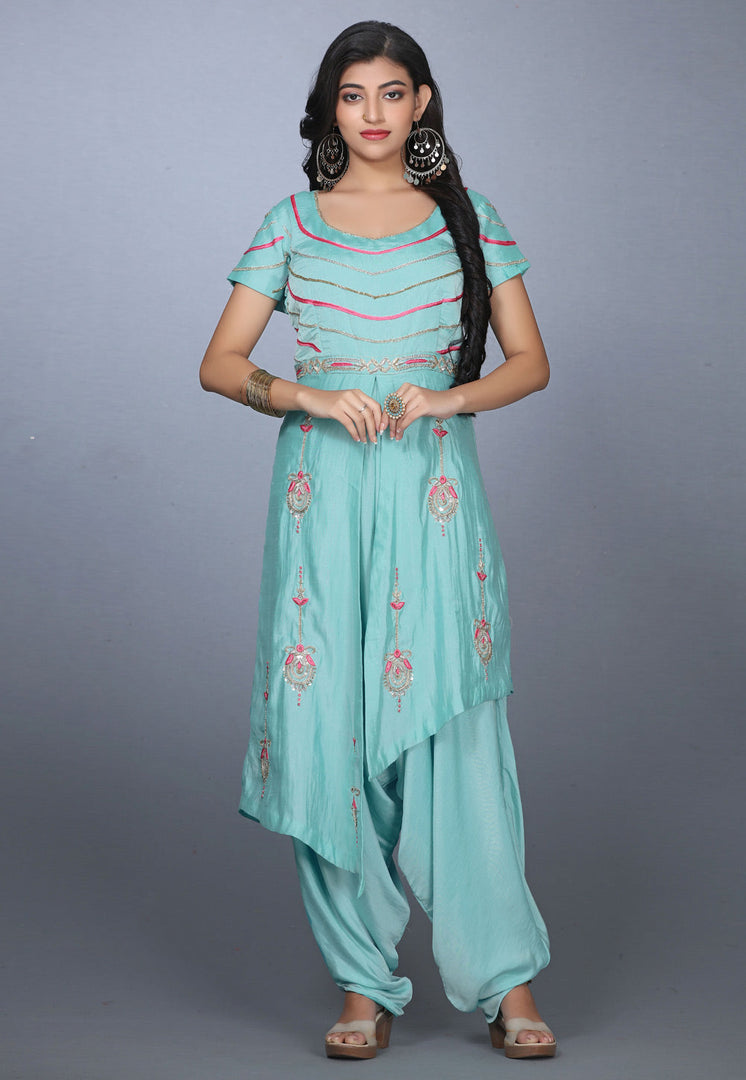 Sky Blue Art Silk Handwork Asymmetrical Suits