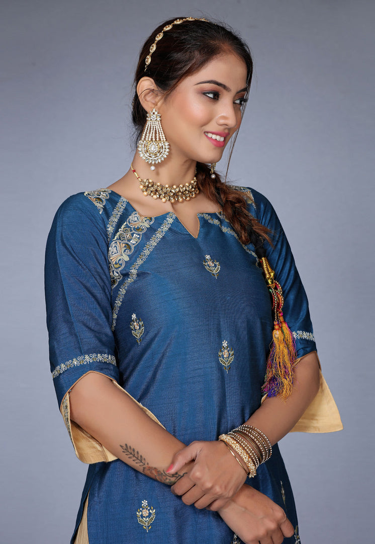 Navy Blue Raw Silk Patiala Suit