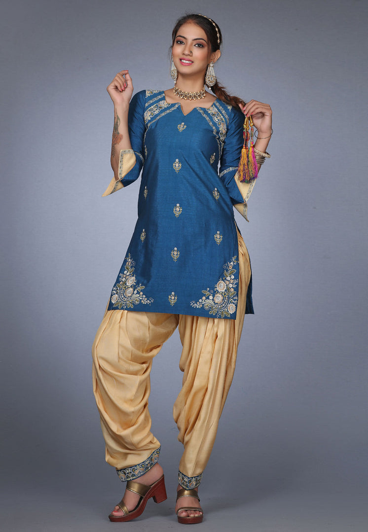 Navy Blue Raw Silk Patiala Suit
