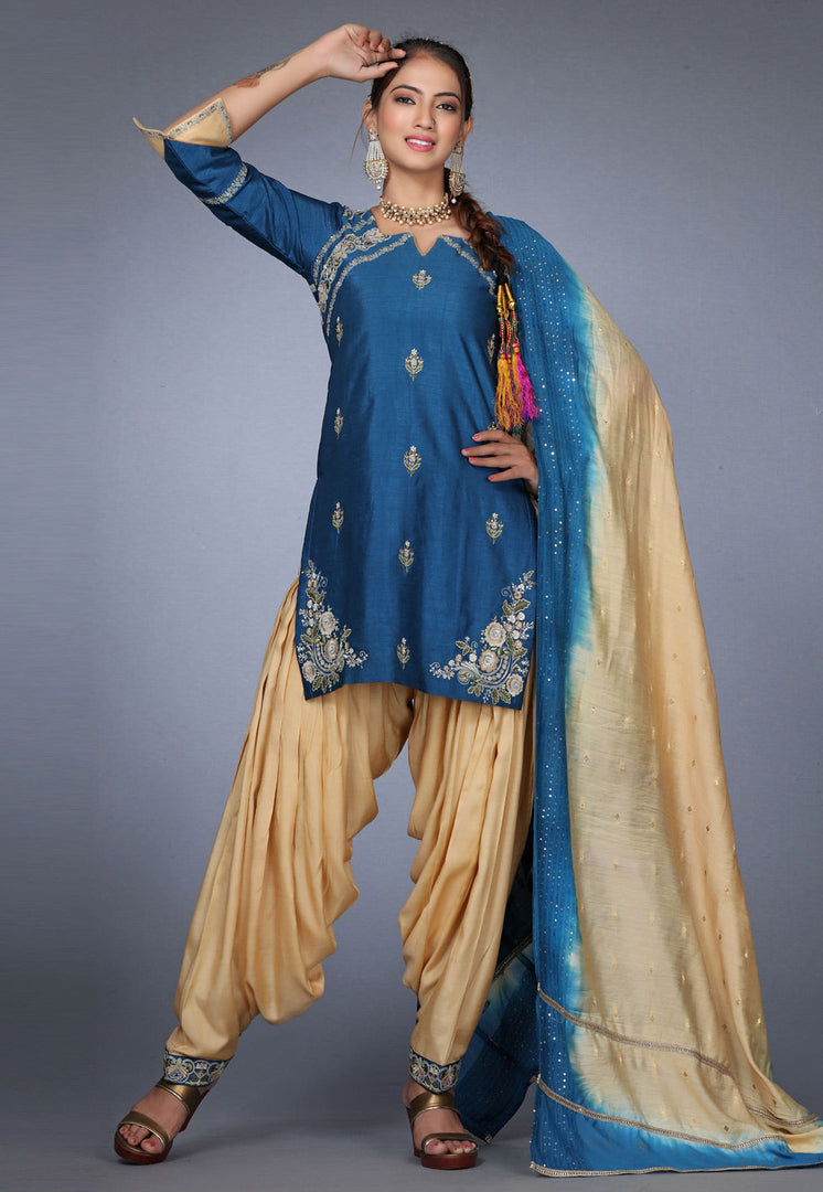 Navy Blue Raw Silk Patiala Suit