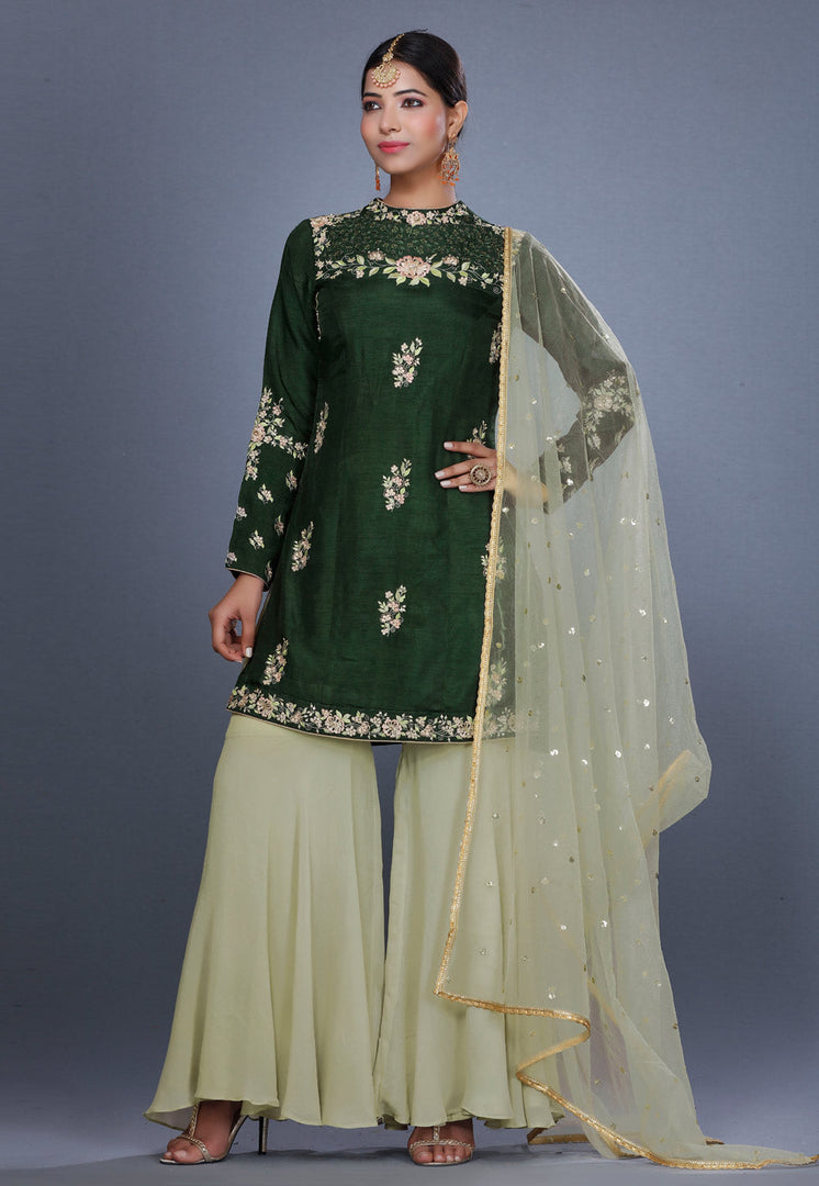 Green Silk Pakistani Sharara Suit